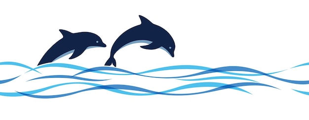 Vector springende dolfijnen en golven naadloze illustratie horizontaal herhaalbaar