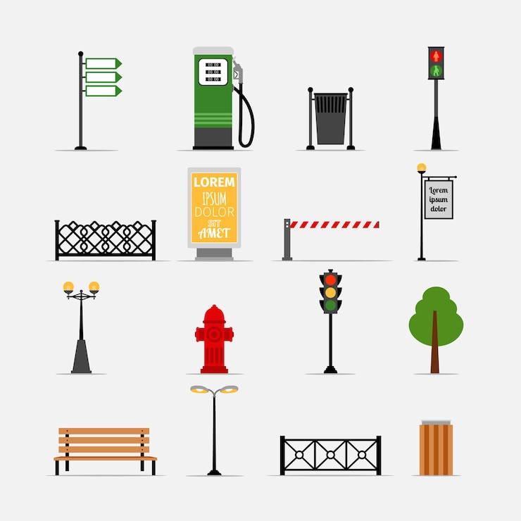 Gratis Vector vector straat element ingesteld. bank en reclamebord, brandkraan en verkeerslichten, straatverlichting en hek