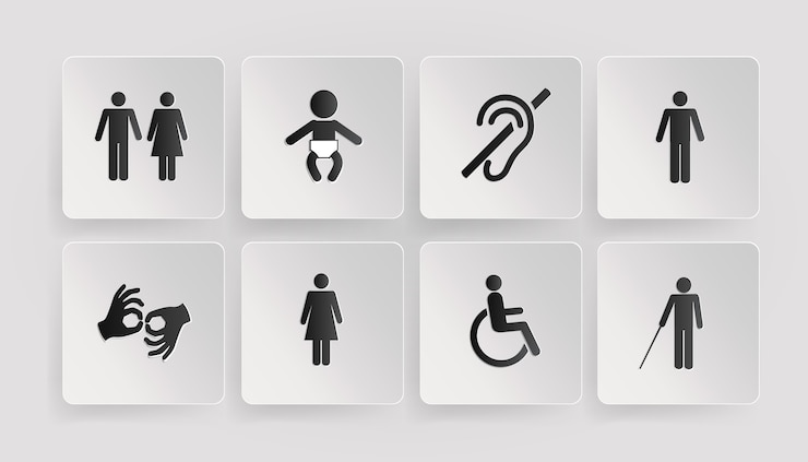 Gratis Vector vector symbolen van gehandicapten, toiletten, baby- en moederkamer