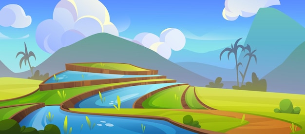 Gratis vector vector van het landschap van rijstvelden en landbouwbedrijven