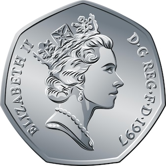 Vector voorzijde van britse geld zilveren munt vijftig pee of pence