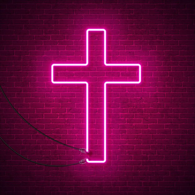 Vector vrolijk Pasen illustratie met gloeiende neon licht kruisvorm op bakstenen muur achtergrond