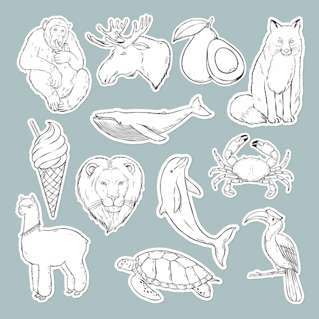 Vector wilde dieren sticker zwart-wit set