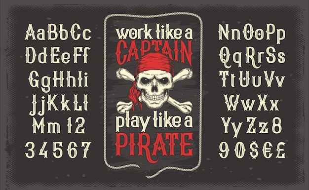 Vector witte vintage lettertype, het Latijnse alfabet met retro piratafdruk met schedel en gekruiste knekels