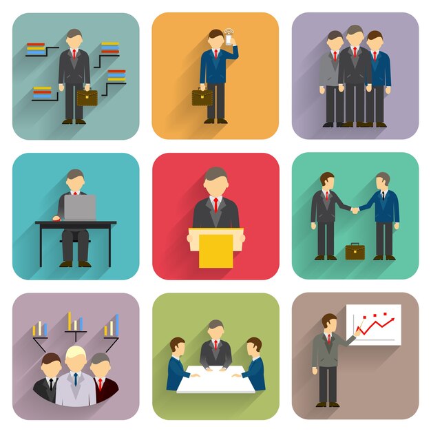 Vector zakenmensen in vlakke stijl. Pictogrammen voor vergadering, conferentie en presentatie