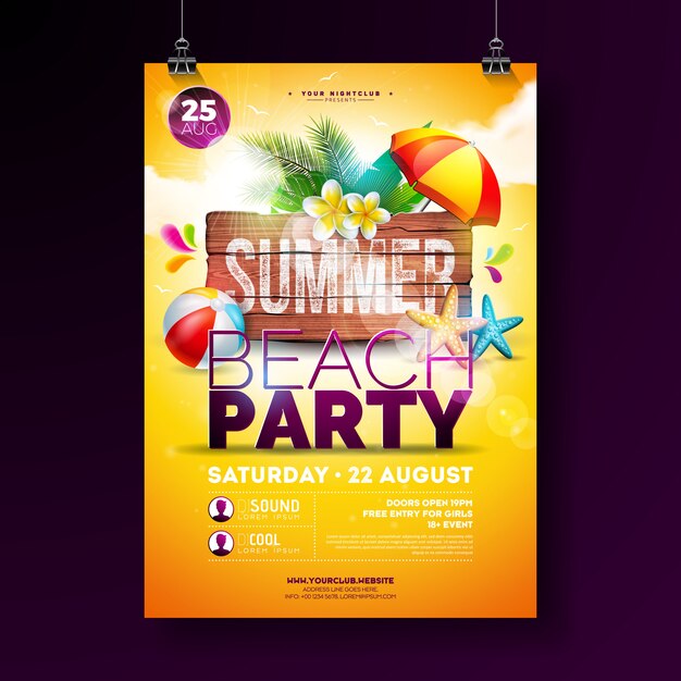 Vector zomer Beach Party Flyer Design met bloem, palmbladeren, strandbal en zeester op gele achtergrond. Zomervakantie illustratie met Vintage houten bord