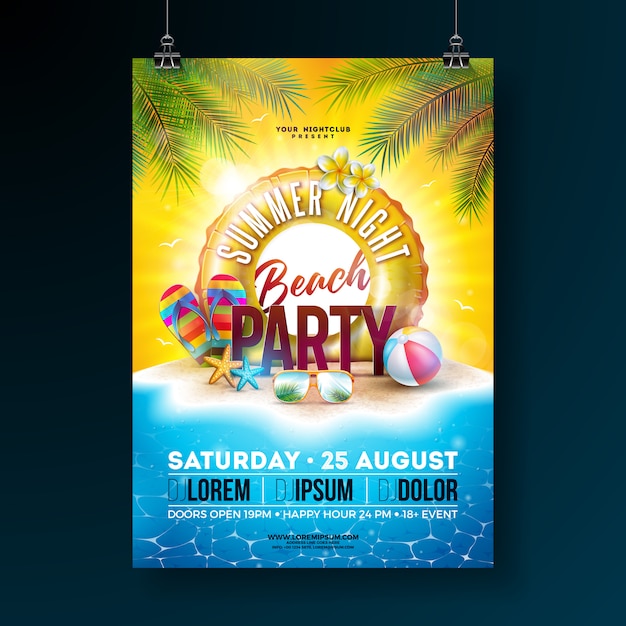 Vector zomer nacht Beach Party Flyer Design met tropische palmbladeren en zweven
