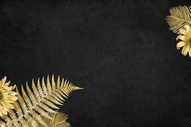 Vector zonnebloem palm blad gouden grenskader op zwarte gestructureerde achtergrond
