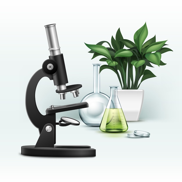Vector zwarte metalen optische microscoop, petrischaal, kolf met groene vloeistof en plant geïsoleerd op de achtergrond
