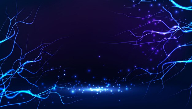 Vectorbannerillustratie bliksem van donder op abstracte blauwe achtergrond met neonfonkels en licht