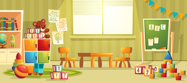 Vectorbeeldverhaalillustratie van lege kleuterschoolruimte met meubilair en speelgoed voor jonge kinderen. N