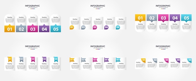 Vectorillustratie 5 stappen infographics platte ontwerpset voor reclamefolder, flyer en tijdschrift pack van 179