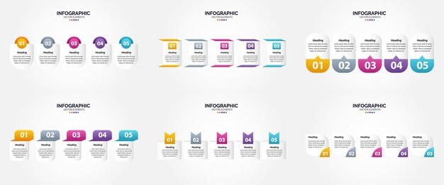 Vectorillustratie 5 Stappen infographics Platte ontwerpset voor reclamefolder, flyer en tijdschrift Pack van 74
