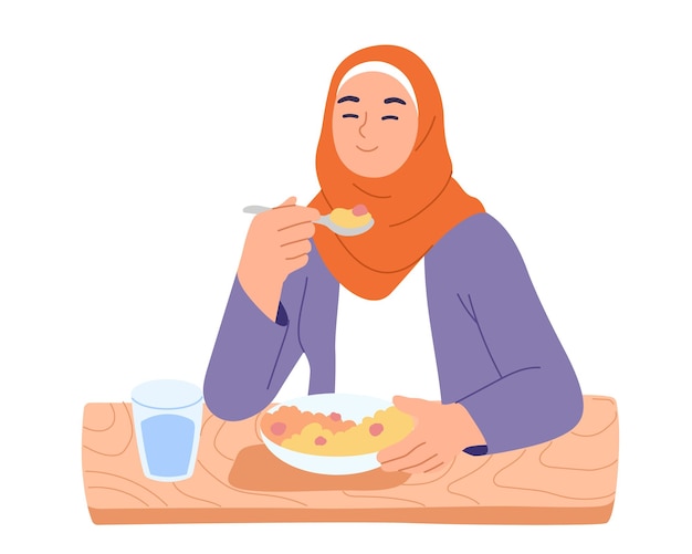 Vectorillustratie van een jonge moslimvrouw karakter genieten van heerlijk eten