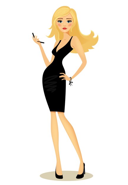 Vectorillustratie van een mooi gewelfde glamoureuze meisje met lang blond haar in een zwarte jurk poseren met haar hand op haar heup met een mobiele telefoon op wit