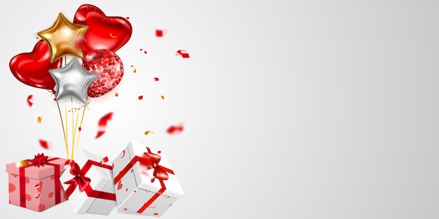 Vectorillustratie voor valentijnsdag met heliumballonnen, kleine wazige stukjes serpentijn en verschillende rode, roze en witte geschenkdozen met linten, strikken en patroon van harten, op lichte achtergrond
