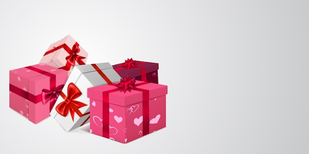 Vectorillustratie voor valentijnsdag met verschillende rode, roze en witte geschenkdozen met linten, strikken en patroon van harten, op lichte achtergrond