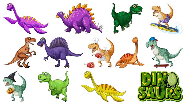 Veel dinosaurussen op witte achtergrond