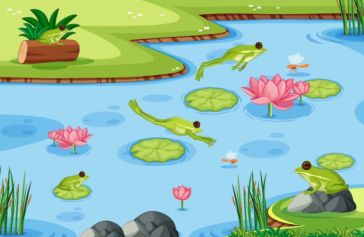 Gratis Vector veel groene kikkers in de vijver scène