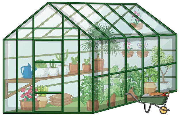 Gratis vector veel planten in kas met glazen wand en kruiwagen op witte achtergrond