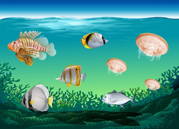 Gratis Vector veel vissen zwemmen onder de oceaan