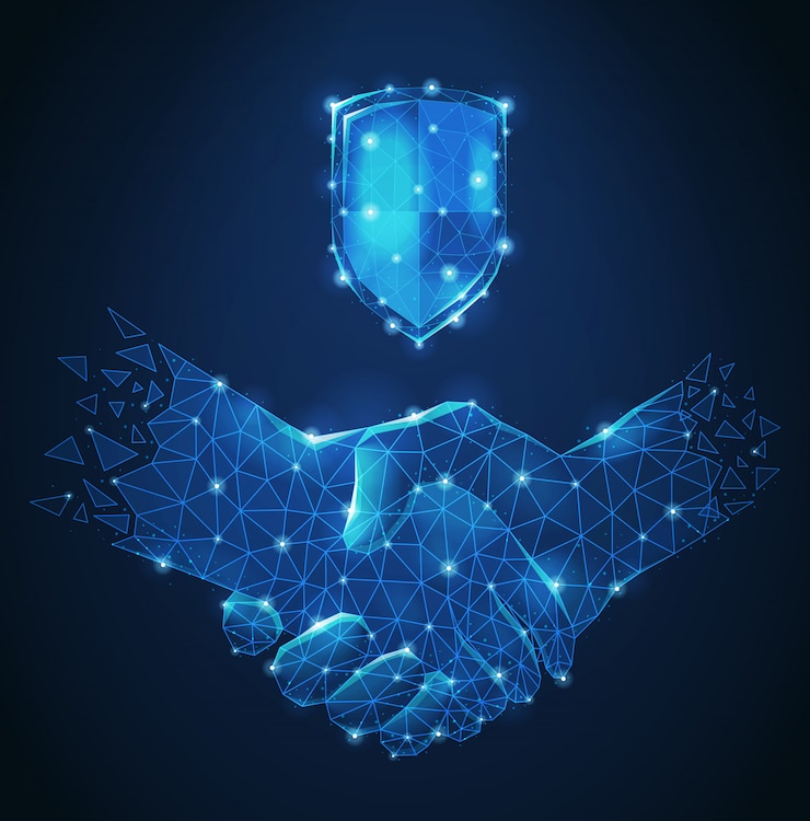 Gratis Vector veelhoekige wireframe handdruk abstracte blauwe compositie als symbool vriendschap en zakelijke partnerschap vectorillustratie