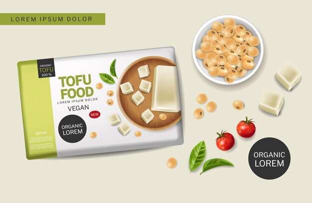 Veganistische tofu-kaasvector realistisch. Sojabonen en kerstomaatjes 3d gedetailleerde illustraties