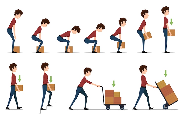 Gratis Vector veilige behandeling en transport van zware voorwerpen. doos en man, vracht en arbeider, bezorgkarton, distributie en gewicht,