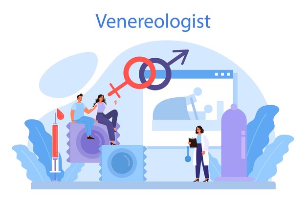 Venereoloog concept Professionele diagnostiek van dermatologische ziekten seksueel overdraagbare aandoeningen en infectie Dermatovenerologie Vectorillustratie in cartoon-stijl