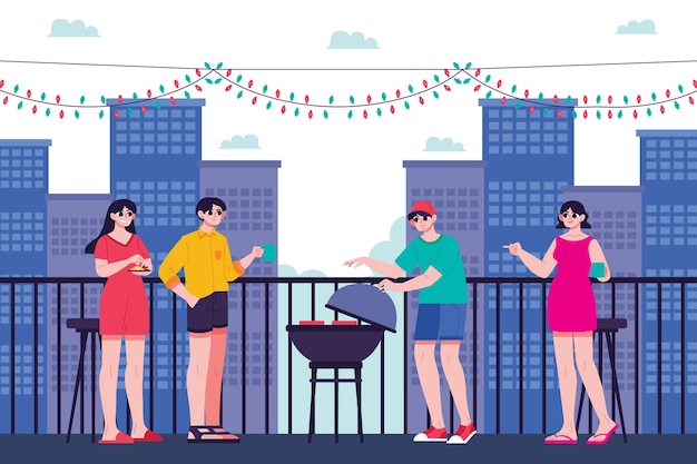 Gratis vector verblijf op een dakterras met barbecue