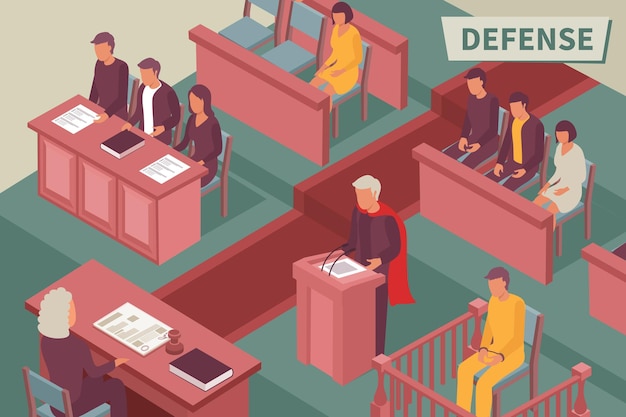Gratis vector verdediging isometrische illustratie met advocaat die vanaf podium spreekt voor rechter in isometrische rechtszaal
