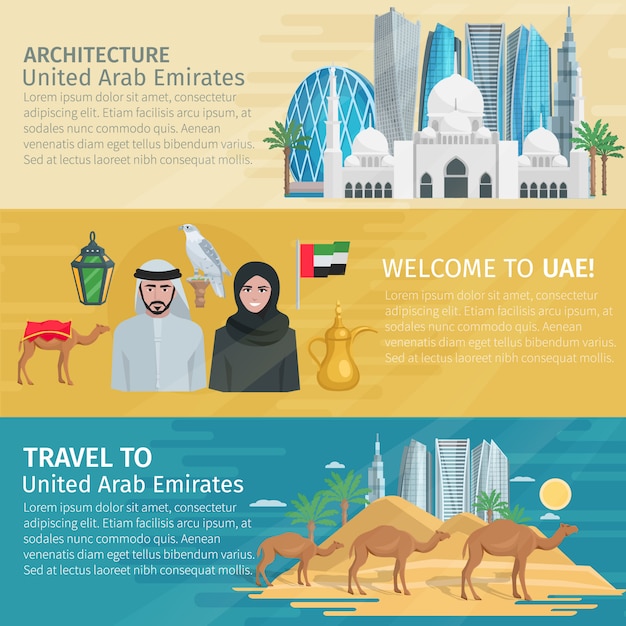 Gratis vector verenigde arabische emiraten reizen banners instellen