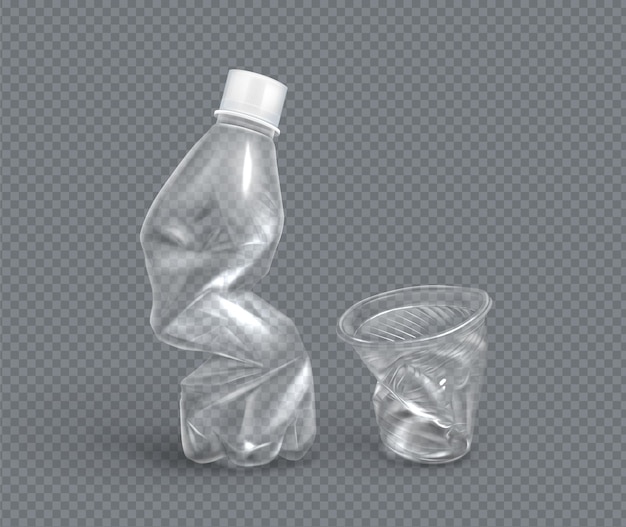 Gratis vector verfrommeld plastic beker en fles voor water, vector