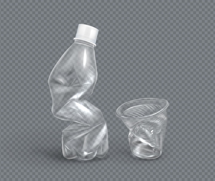 Gratis Vector verfrommeld plastic beker en fles voor water, vector
