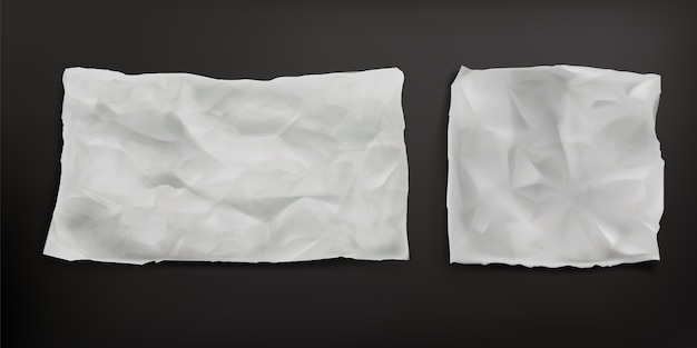 Verfrommelde geïsoleerde vellen bakpapier. Realistische vector van blanco oud papier met gekreukte textuur, vouwen en gescheurde randen. Vetvrij perkamentblad