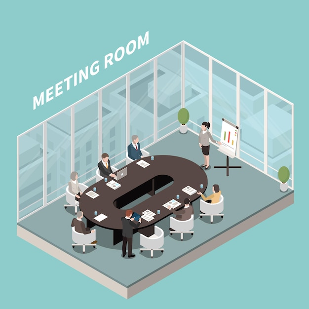 Vergaderzaal zakelijke presentatie isometrische binnenaanzicht van deelnemers aan ovale tafel luidspreker glazen wanden