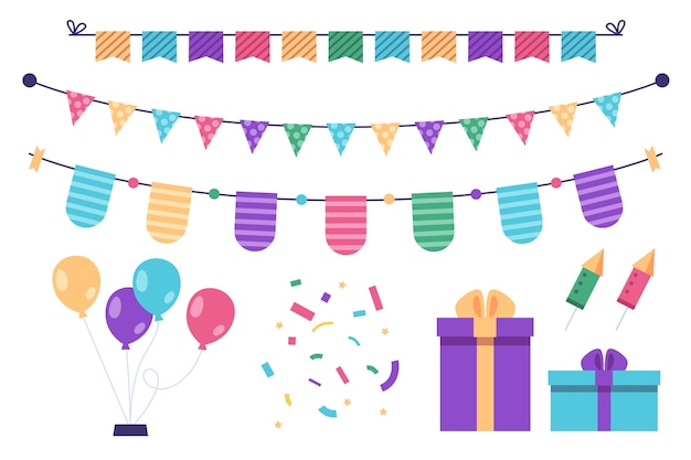 Gratis vector verjaardag decoratie met geschenken en ballonnen