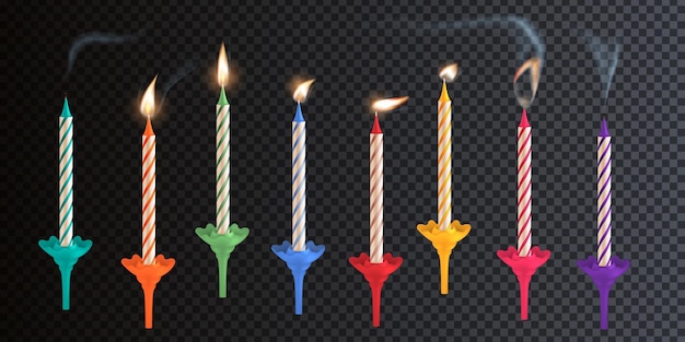 Verjaardagskaarsen realistische set met transparante achtergrond en soortgelijke geïsoleerde kaarsen voor taarten van verschillende kleuren vectorillustratie