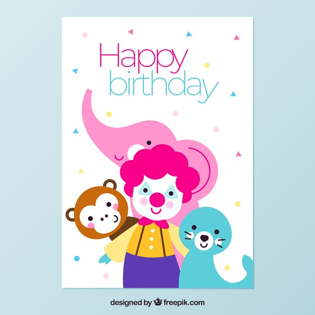 Verjaardagskaart met een clown en dieren