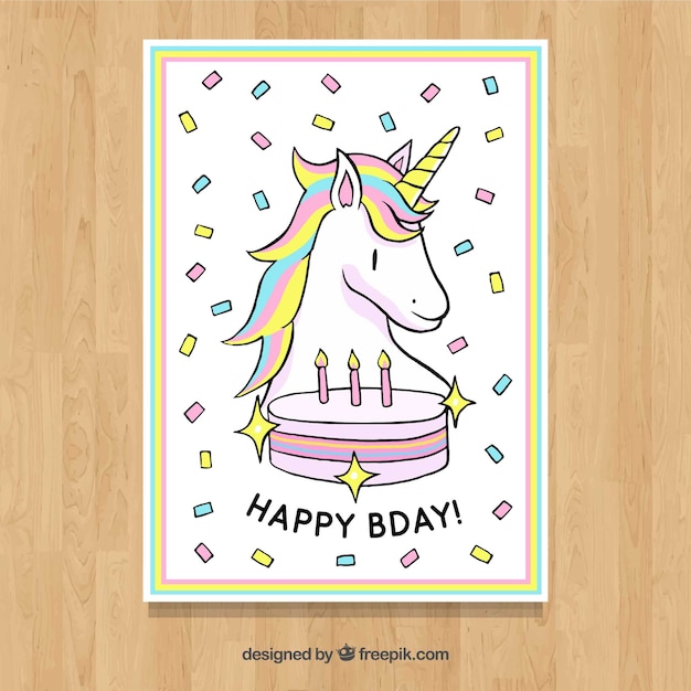 Gratis vector verjaardagskaart met eenhoorn en cake
