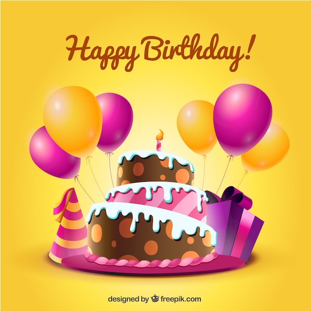 Verjaardagskaart met taart en ballonnen in cartoon-stijl