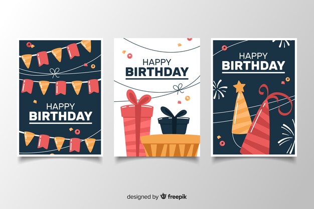 Verjaardagskaart pack met decoraties in plat ontwerp