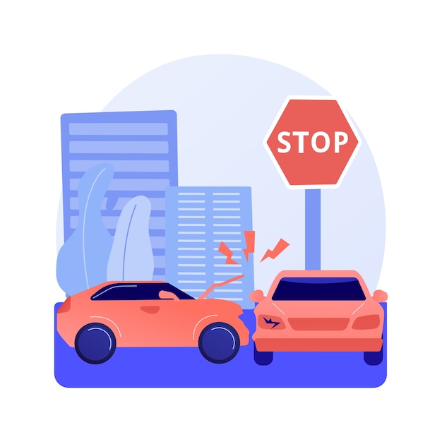 Gratis vector verkeersongeval abstract concept vectorillustratie. verkeersongevallenrapport, schending van verkeerswetten, onderzoek van één auto-ongeluk, letselstatistieken, abstracte metafoor voor botsingen met meerdere voertuigen.