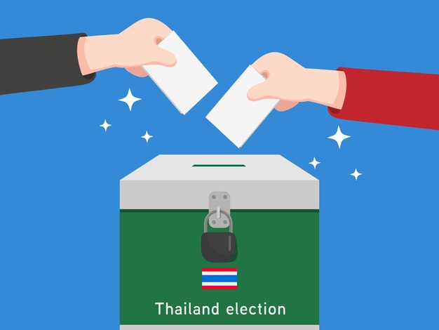 Verkiezingen Thailand. Mensen karakter met Box voor stem- en stembiljetten. Cartoon vectorontwerp.