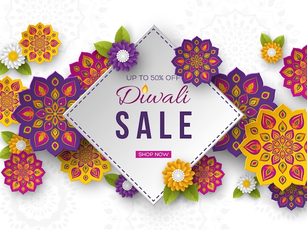 Gratis vector verkoopaffiche of banner voor festival van lichten - diwali. papier gesneden stijl van indiase rangoli. witte achtergrond. vector illustratie.