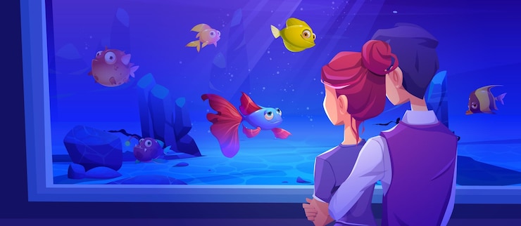 Gratis Vector verliefde paar staan voor aquarium met vissen