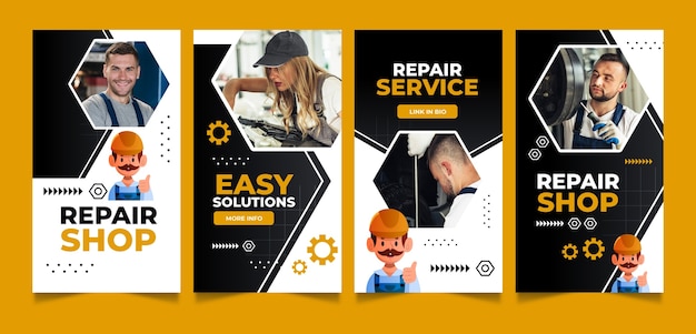 Gratis vector verloop auto reparatie winkel diensten instagram verhalen collectie