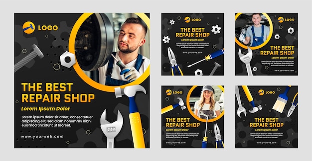 Verloop auto reparatiewerkplaats diensten instagram berichten collectie