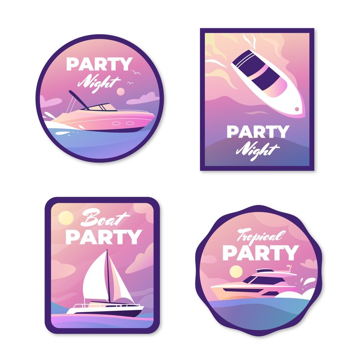 Gratis Vector verloop boot feestlabels collectie met boot op het water bij zonsondergang