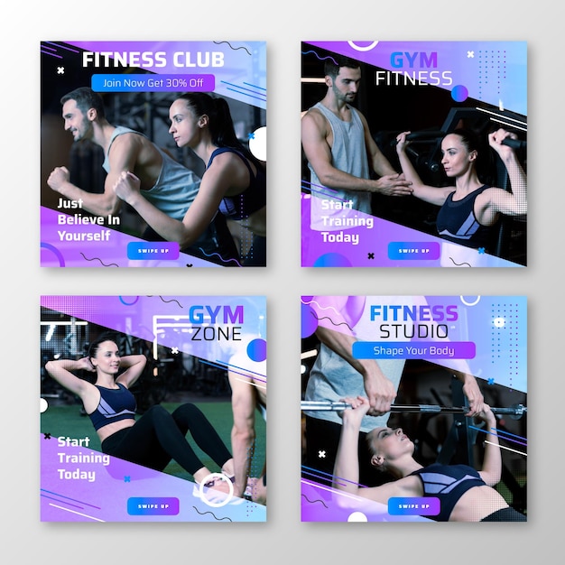 Gratis vector verloop gezondheids- en fitnesspostverzameling met foto